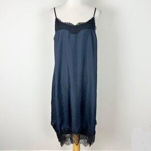 CLU Dark Navy Long Slip with Black Lace Lingerie Slip Dress Romantic Size Medium